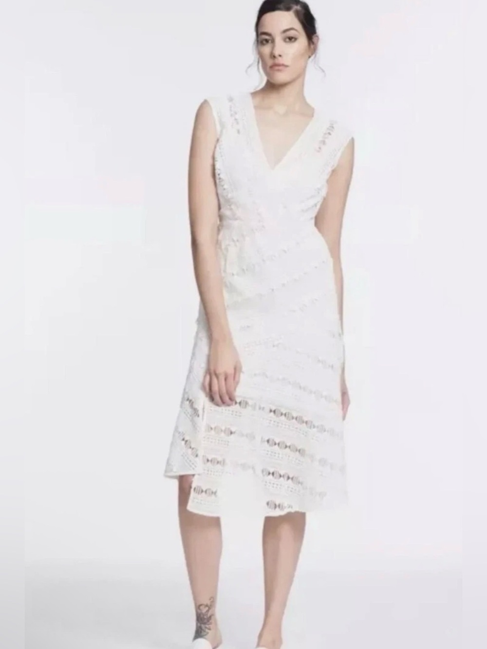 Anthropologie Tracy Reese Size 14 Mariposa White Lace Asymmetrical Midi Dress